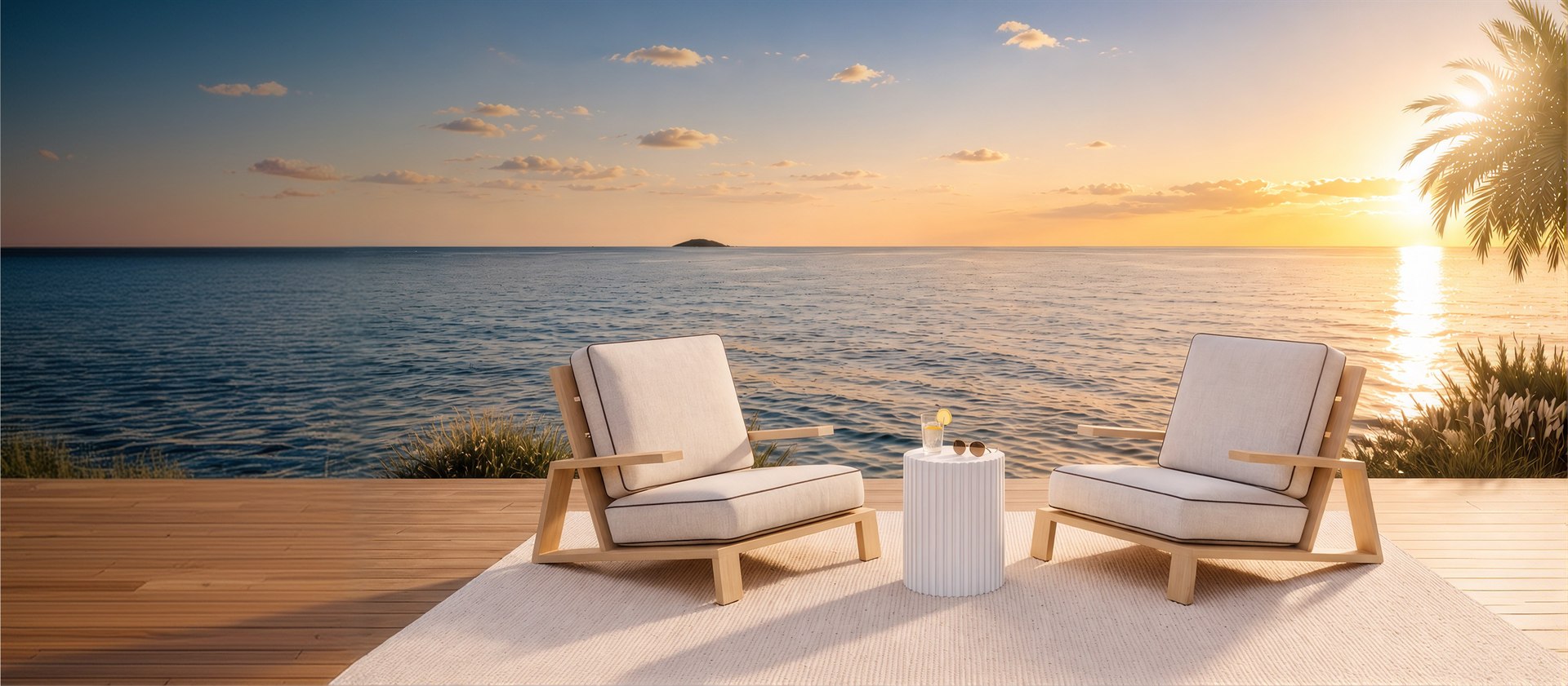 Two outdoor lounge chairs facing the sea at sunset