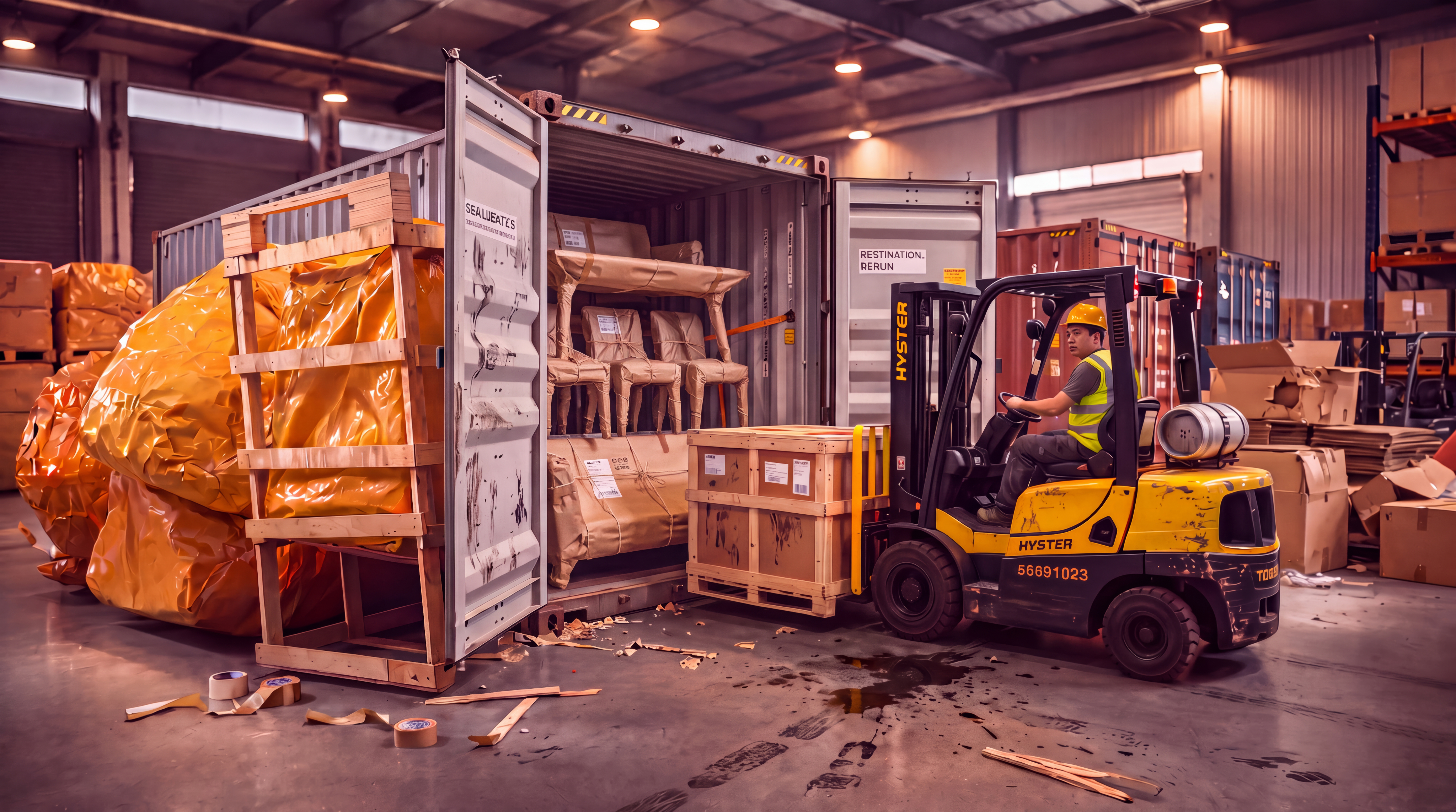 Furniture packing and loading at a warehouse