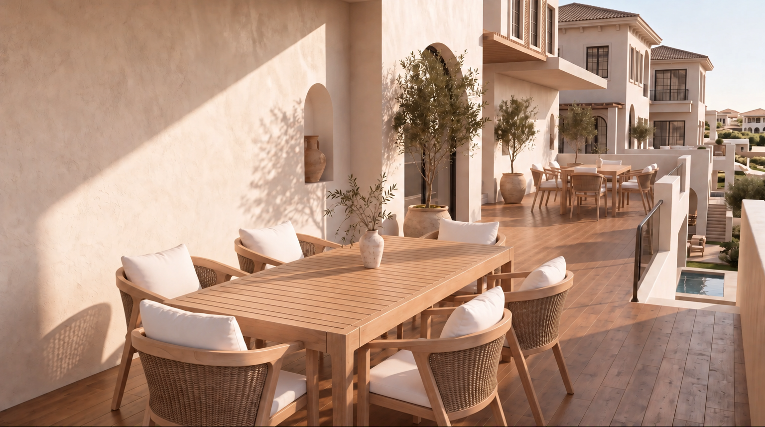 Coordinated furniture on neighboring villa terraces