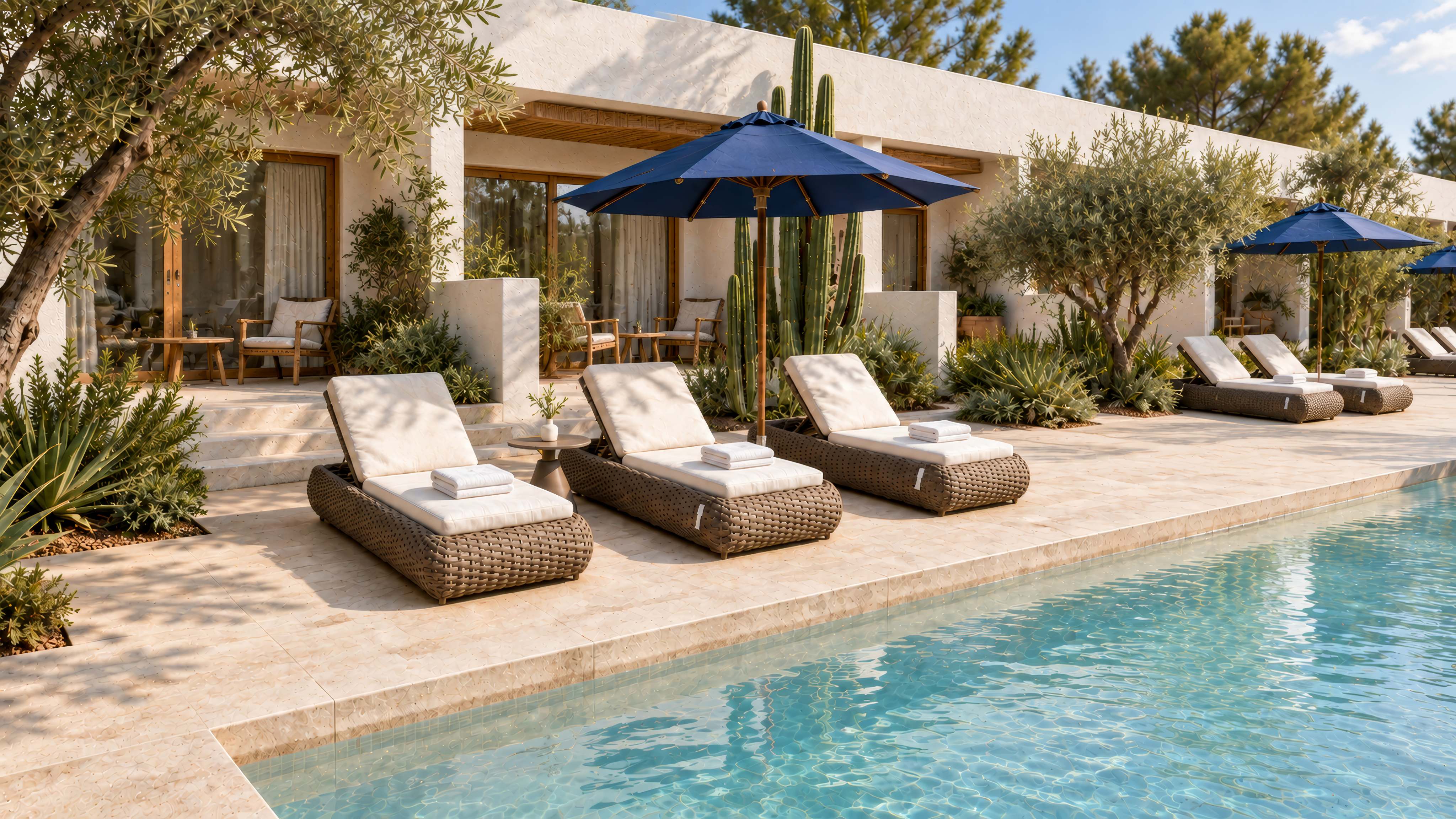 Poolside loungers and umbrellas beside hotel terraces