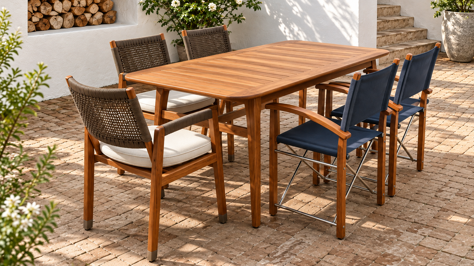 Coordinated outdoor dining furniture on a terrace