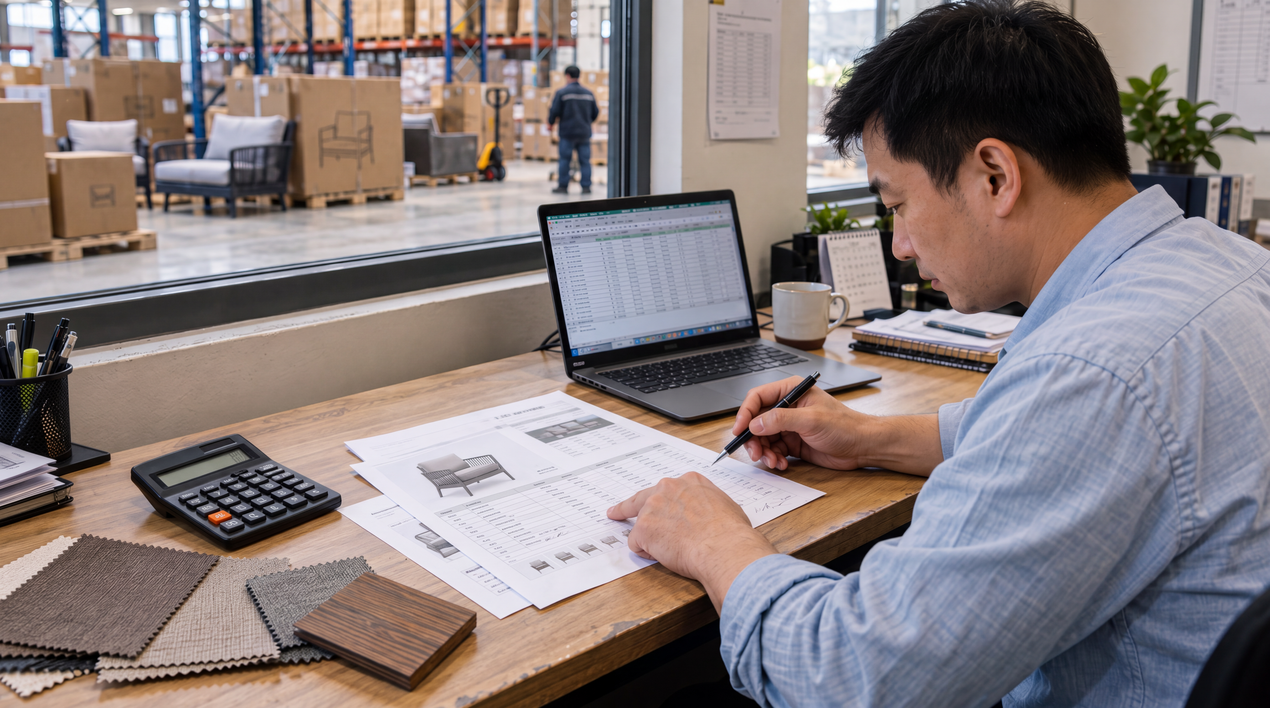 Staff member reviewing furniture purchasing costs