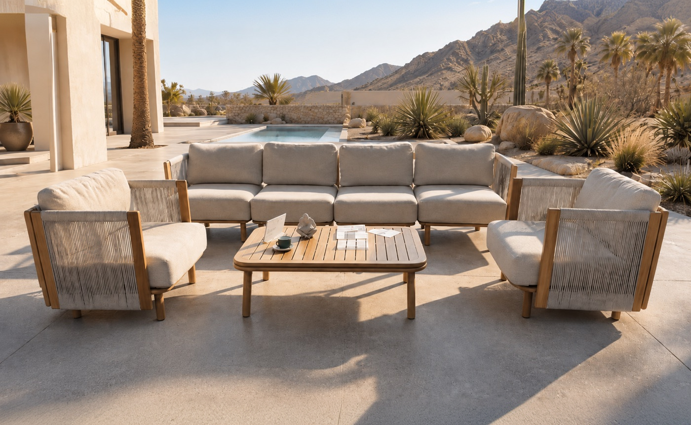 Woven outdoor lounge furniture on a terrace