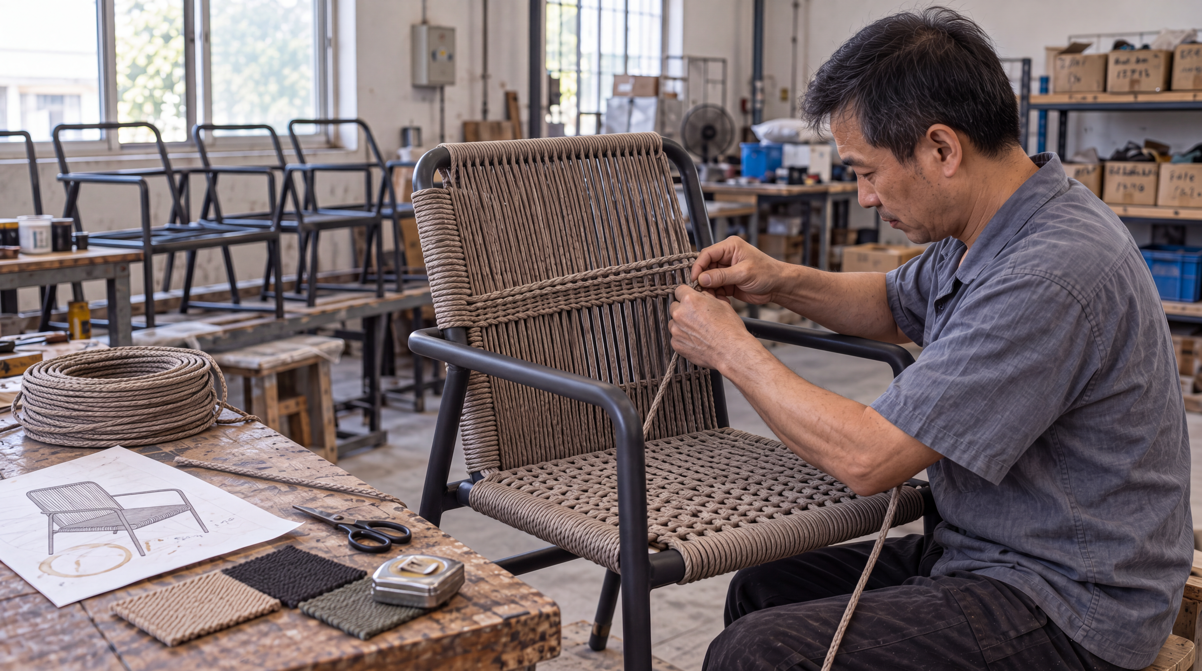 Craftsperson weaving an outdoor chair