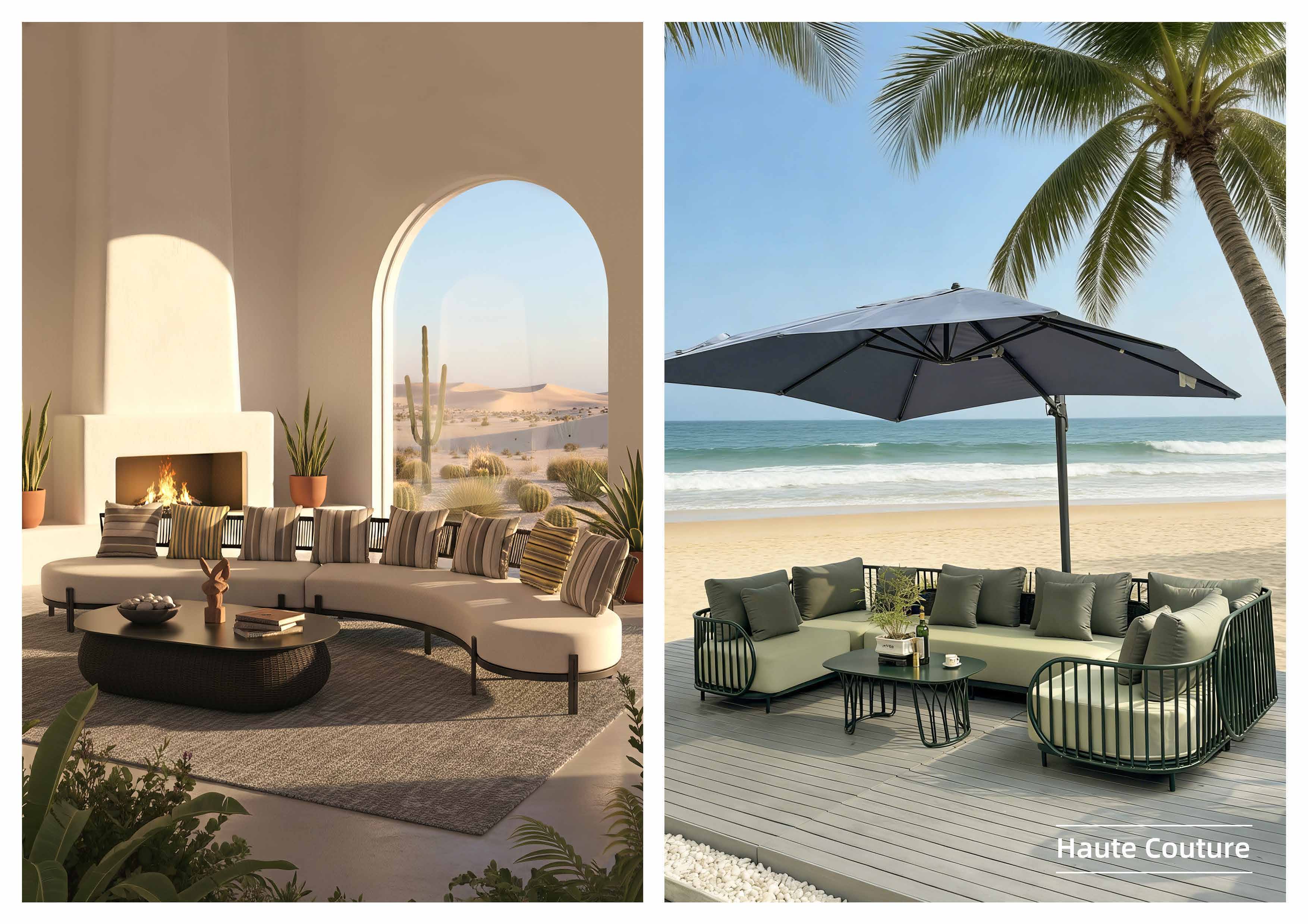 Curved outdoor seating on a covered terrace