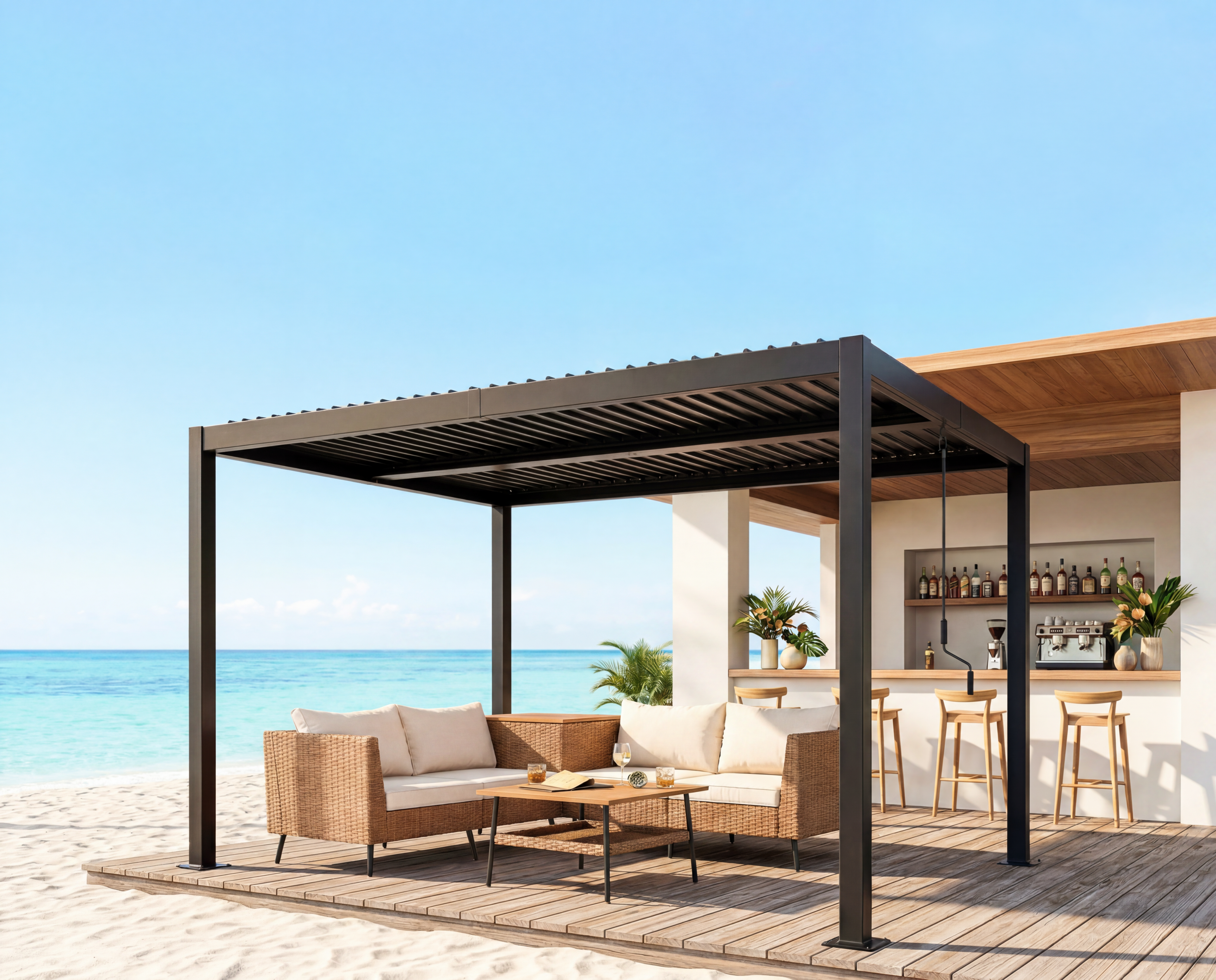 Pergola and coordinated lounge furniture beside the sea