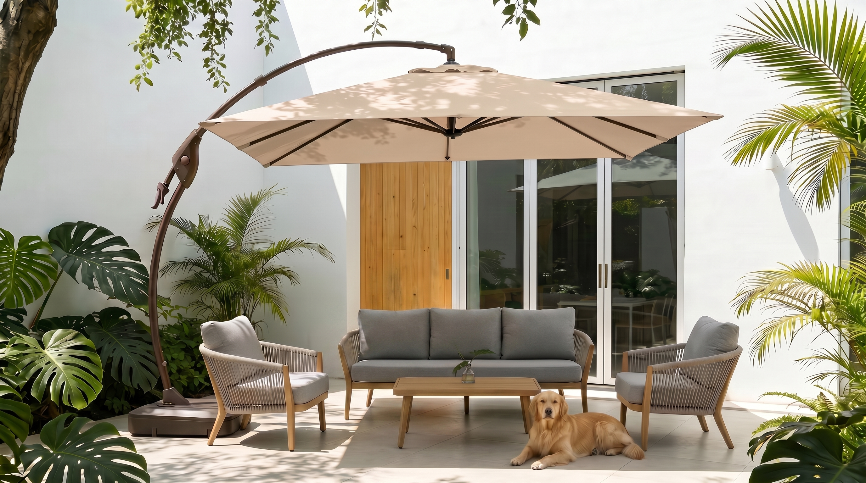 Patio sofa and chairs beneath a cantilever umbrella