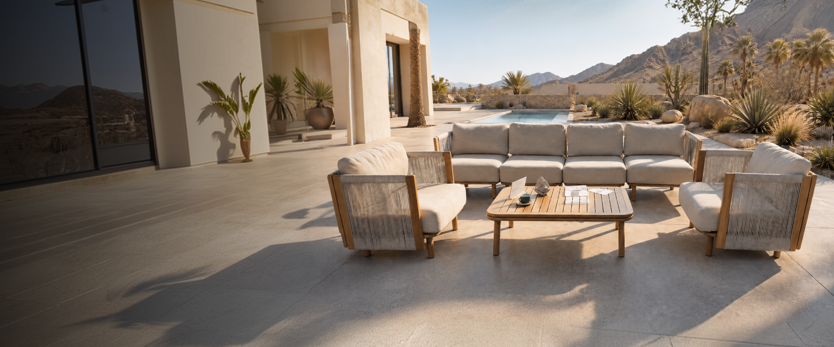 Coordinated outdoor sofas, lounge chairs and tables on a sunlit terrace