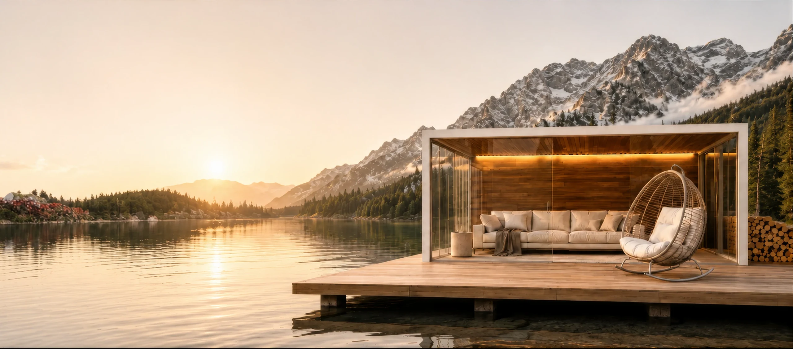 Outdoor lounge pavilion beside a mountain lake