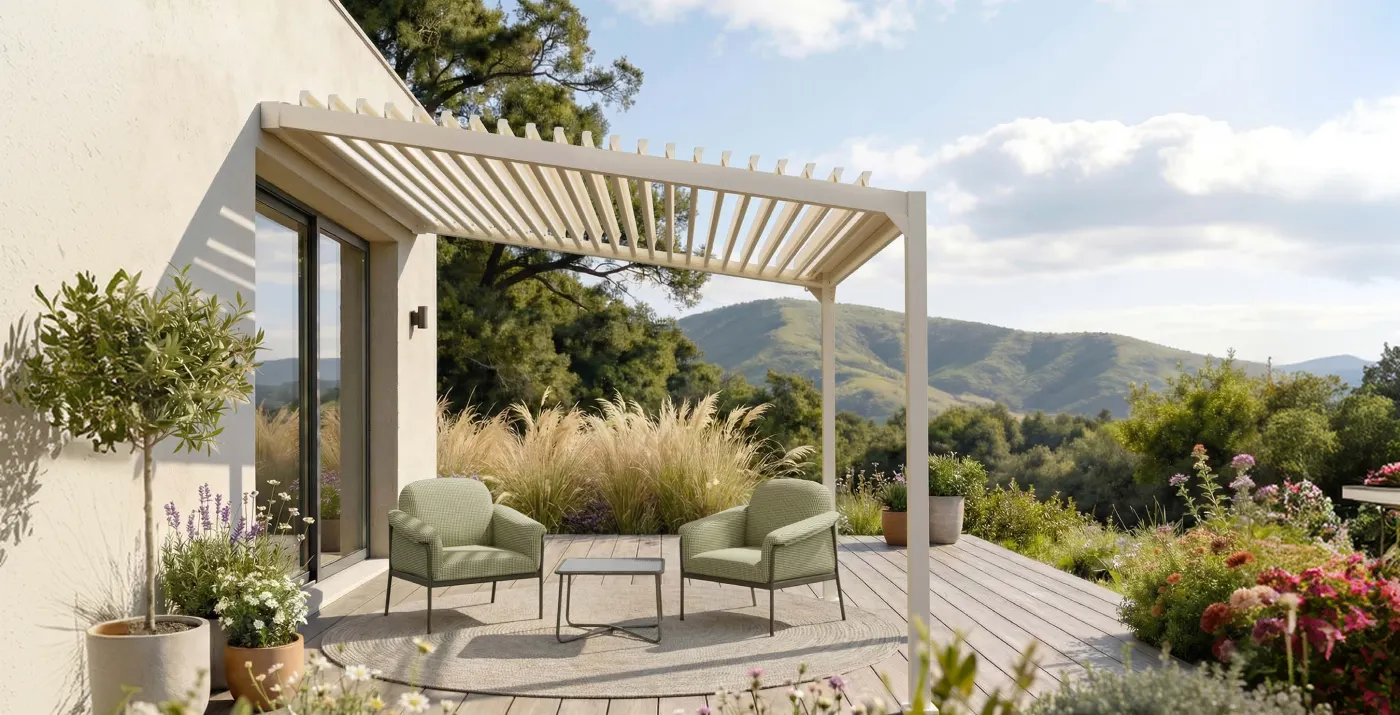 Louvered pergola shading an outdoor kitchen