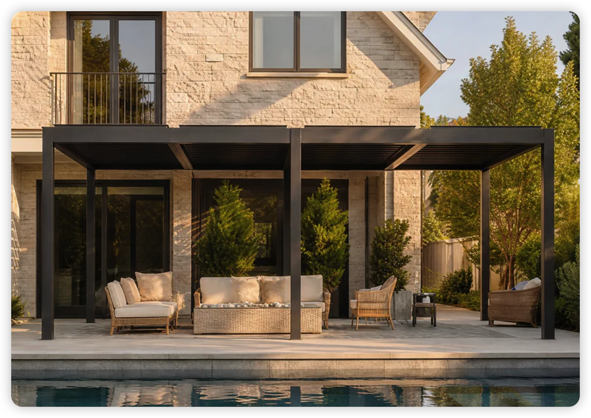Installed pergola and lounge set by the pool