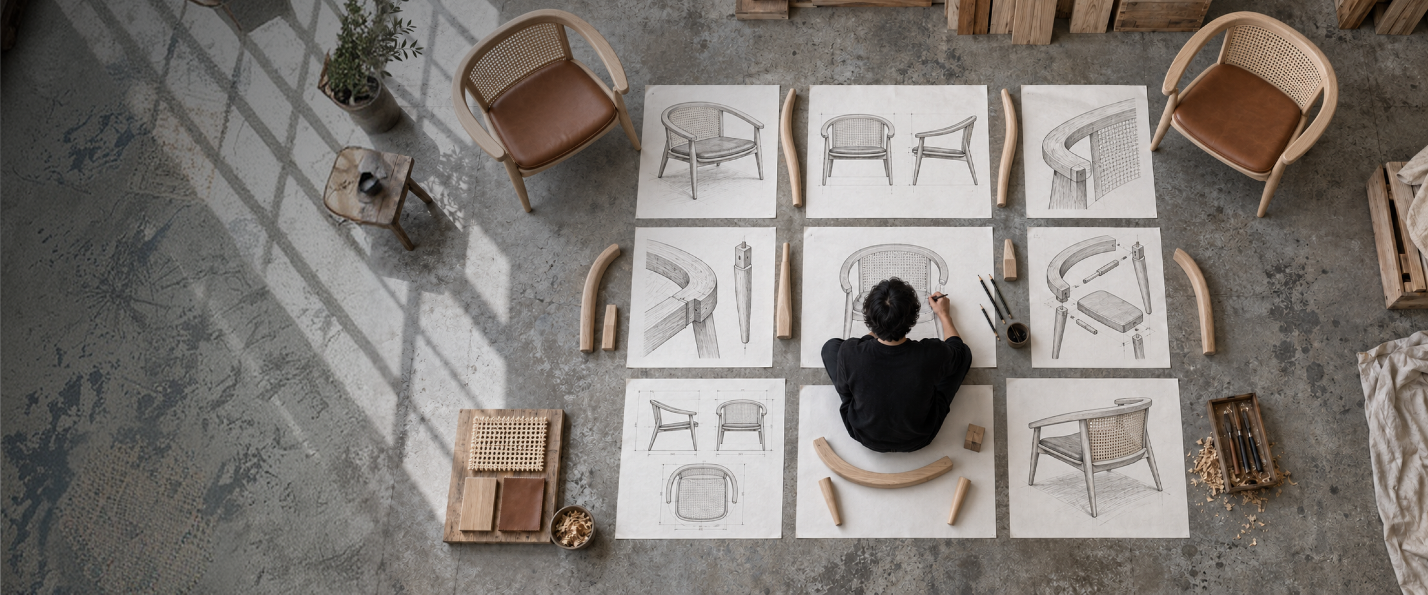 Product designer reviewing chair drawings and material samples