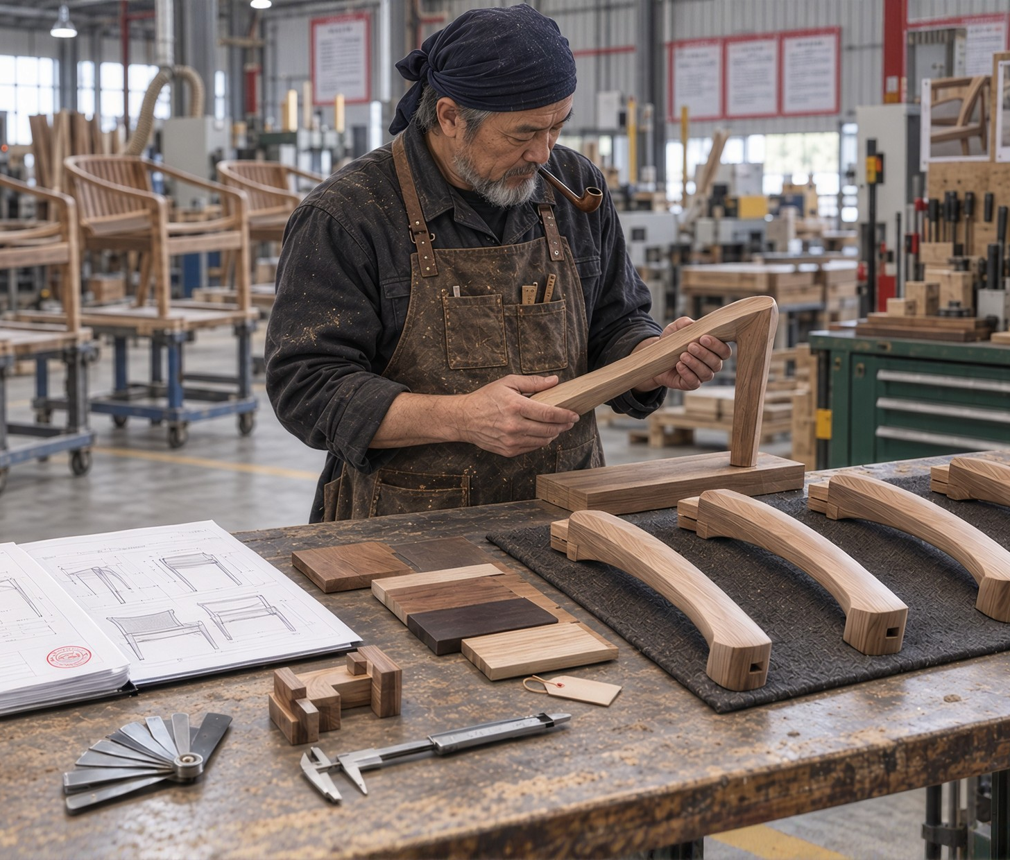 Craftsperson reviewing a wooden product prototype