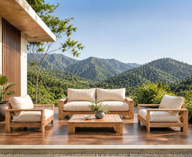 Teak lounge furniture on a terrace overlooking green mountains