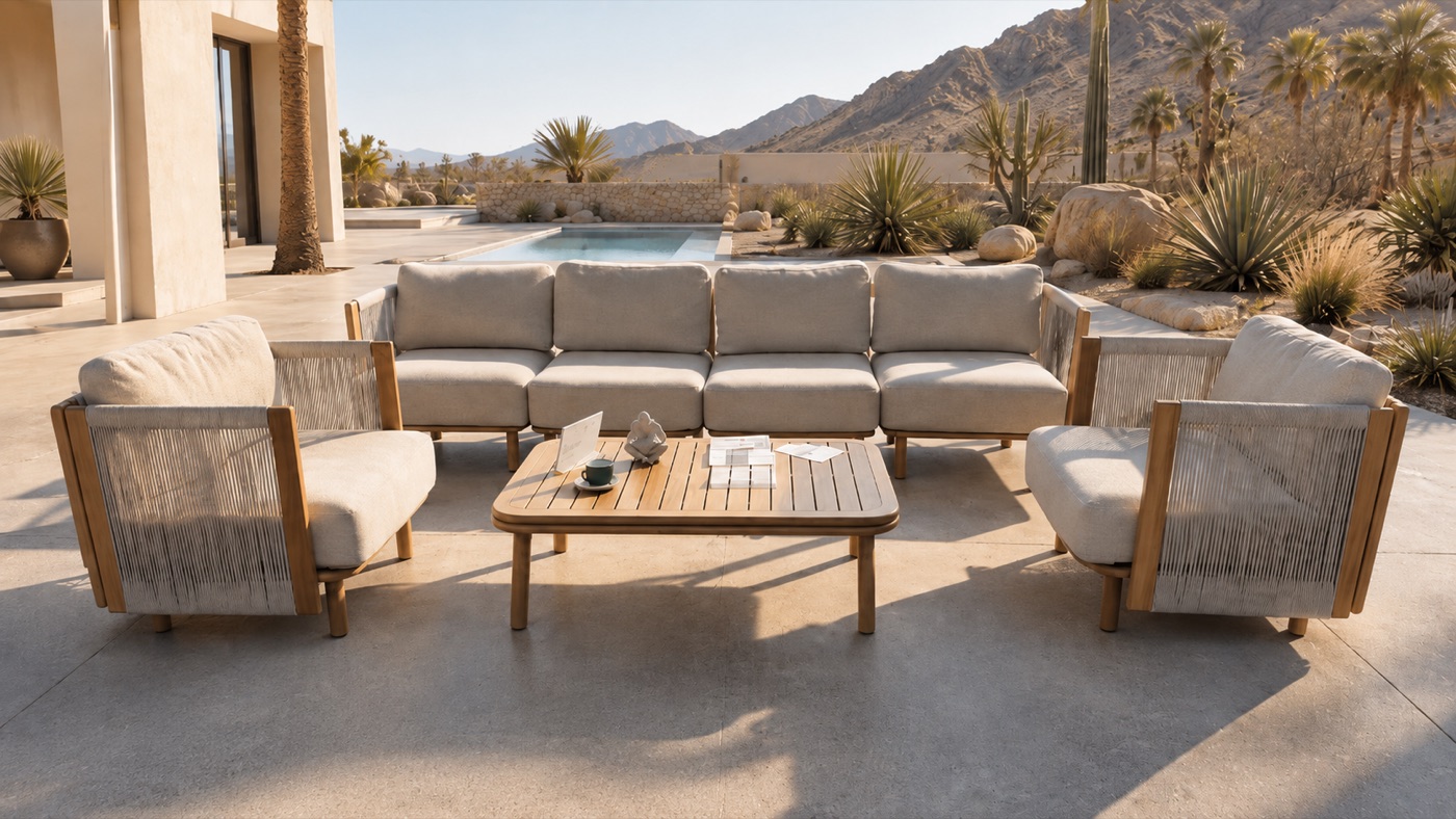 Outdoor sofa, lounge chairs and coffee table arranged on a terrace