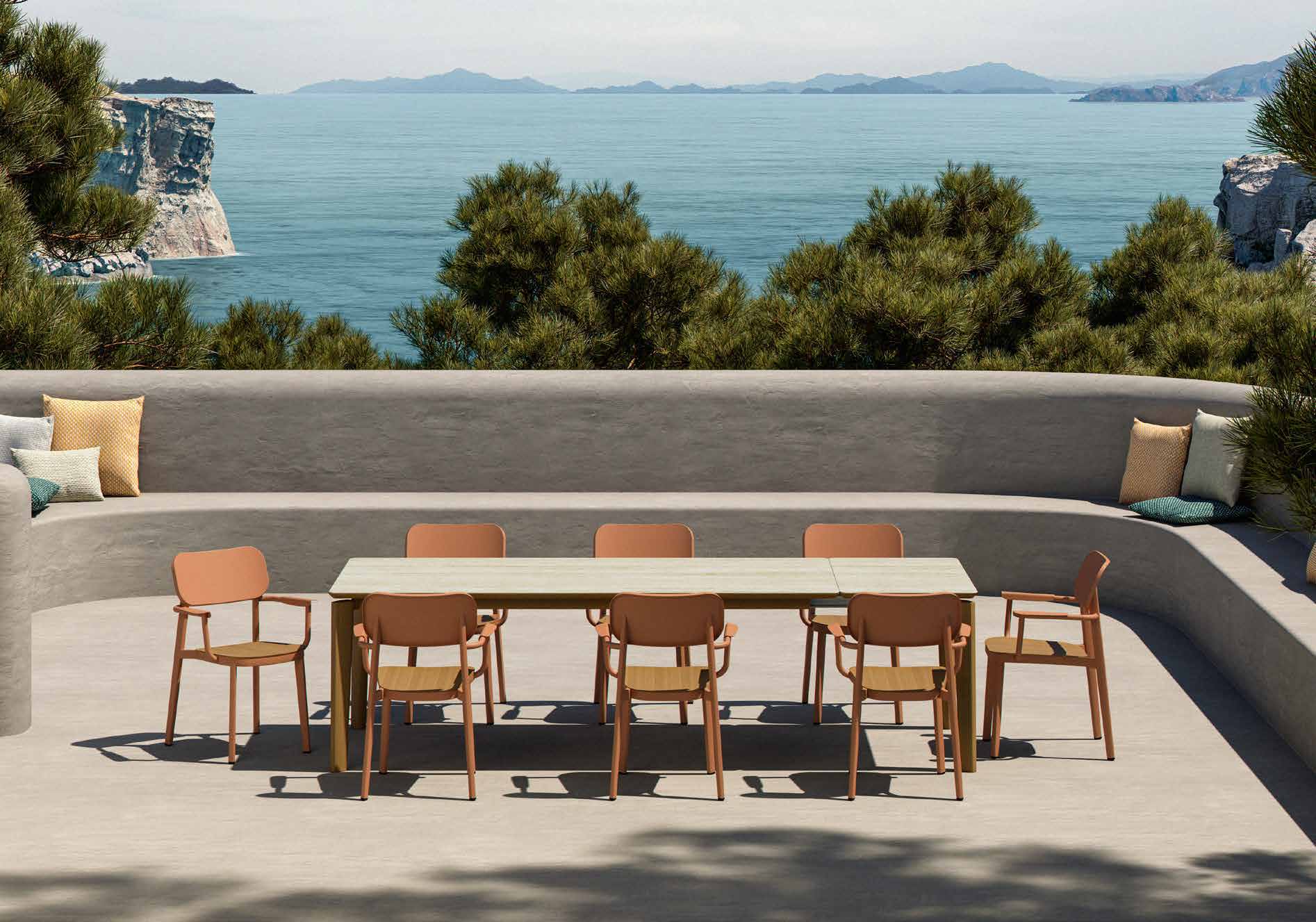Commercial patio seating outside a modern property