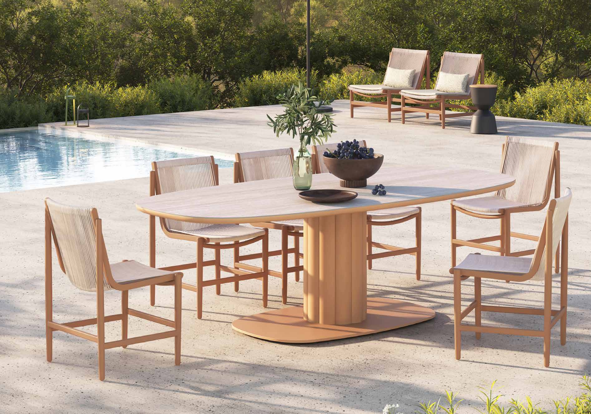 Outdoor dining set on a pool terrace