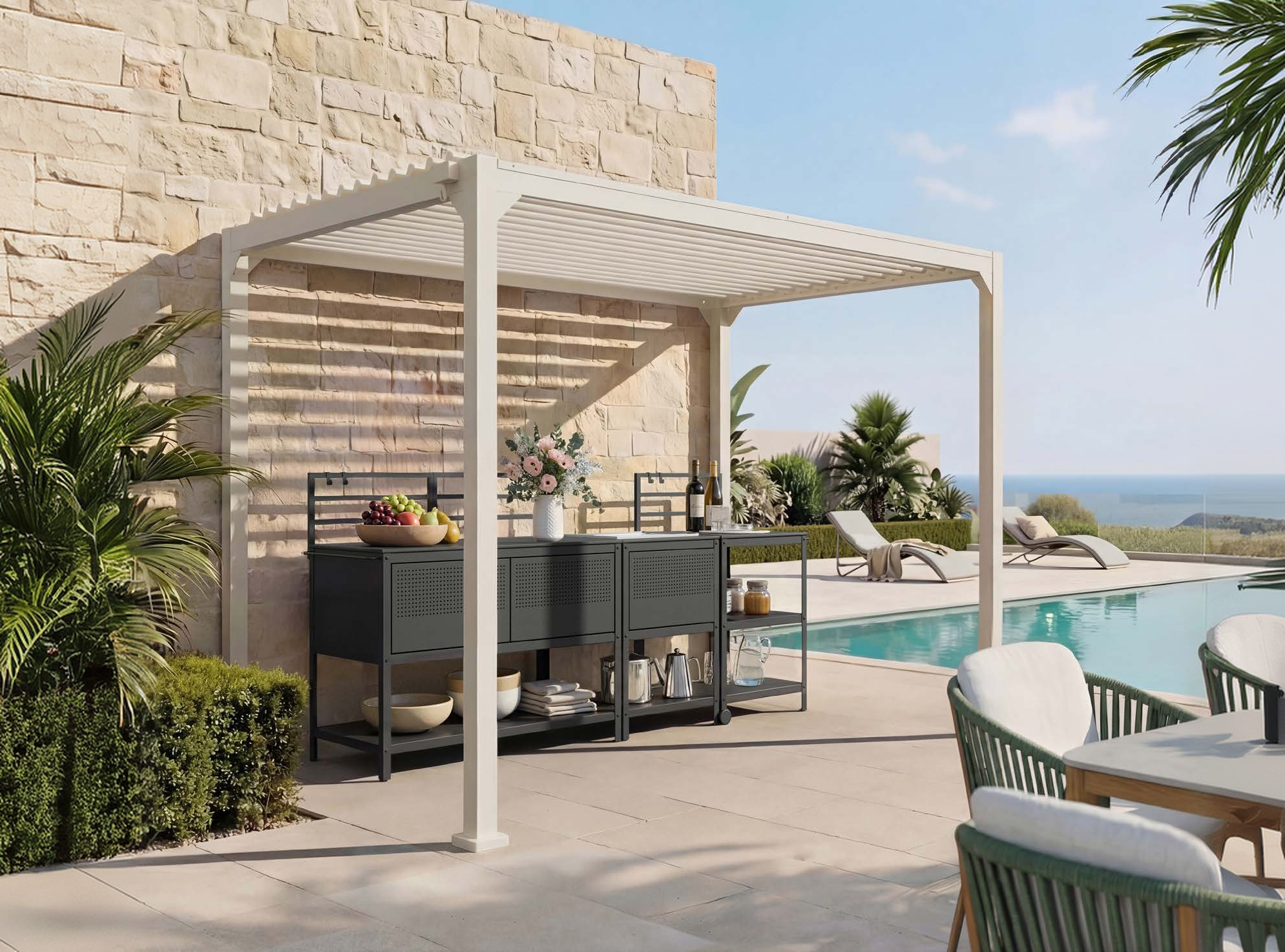 Louvered pergola shading an outdoor kitchen