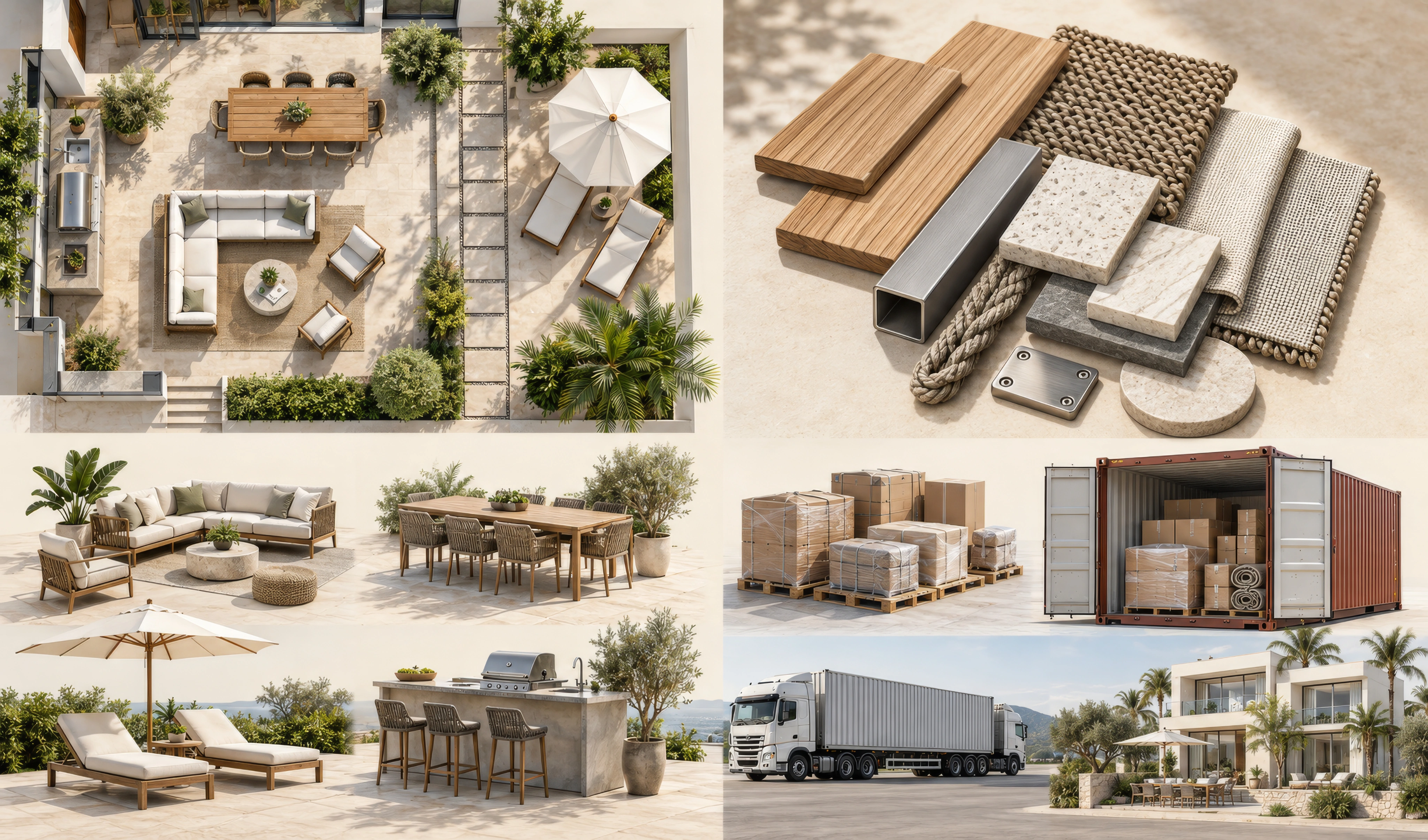Hand-drawn complete outdoor package sketches showing zone planning, material samples, coordinated product schedule and shipment logistics