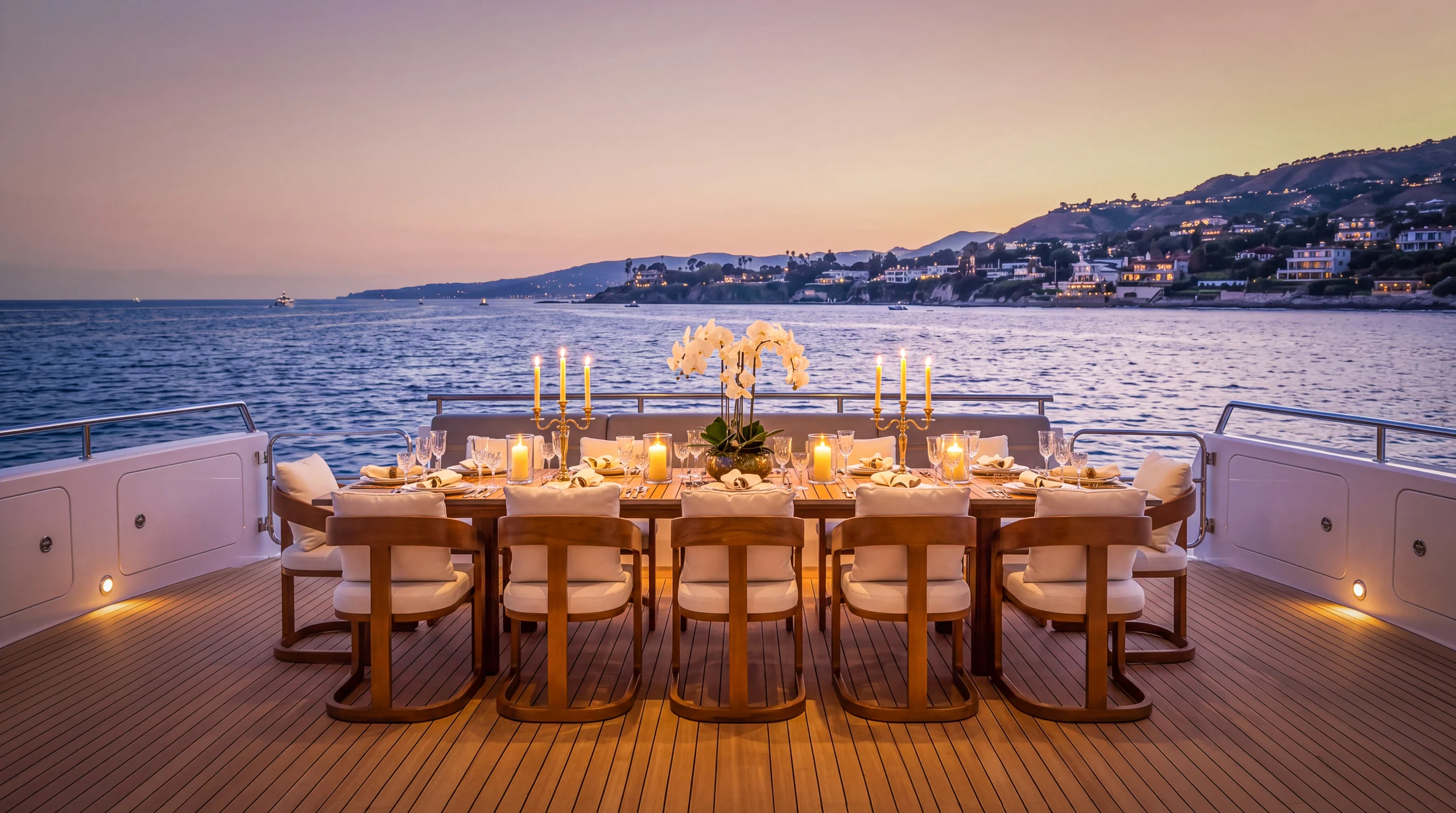 Candlelit outdoor dining table aboard a yacht at dusk
