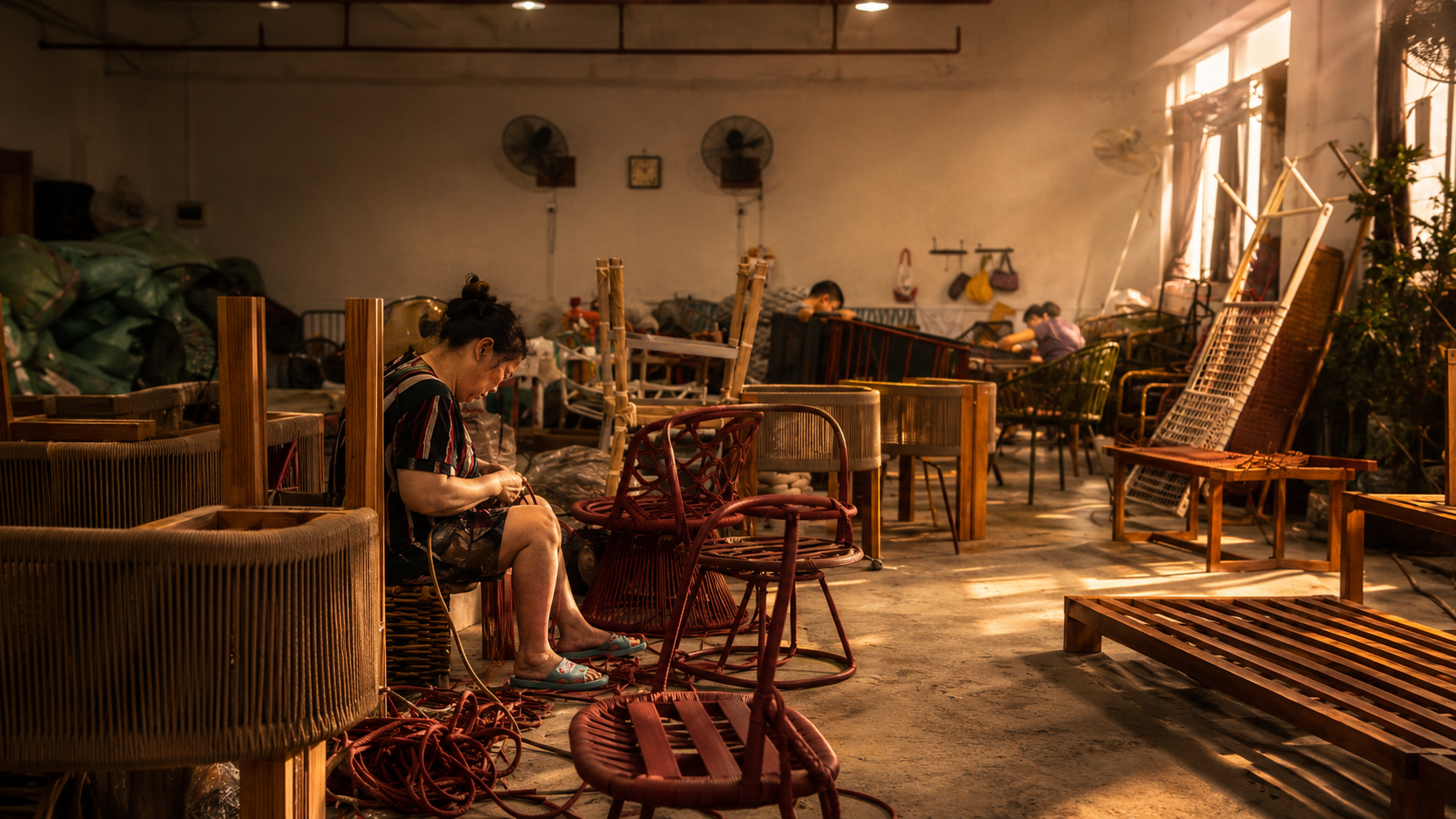 Craftsperson weaving outdoor furniture in the factory workshop