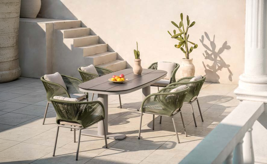 Outdoor dining set on a pool terrace