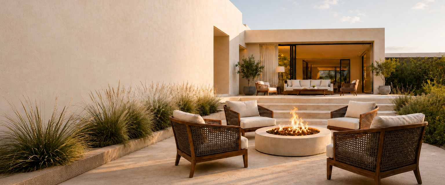 Complete villa terrace arranged around an outdoor fire pit
