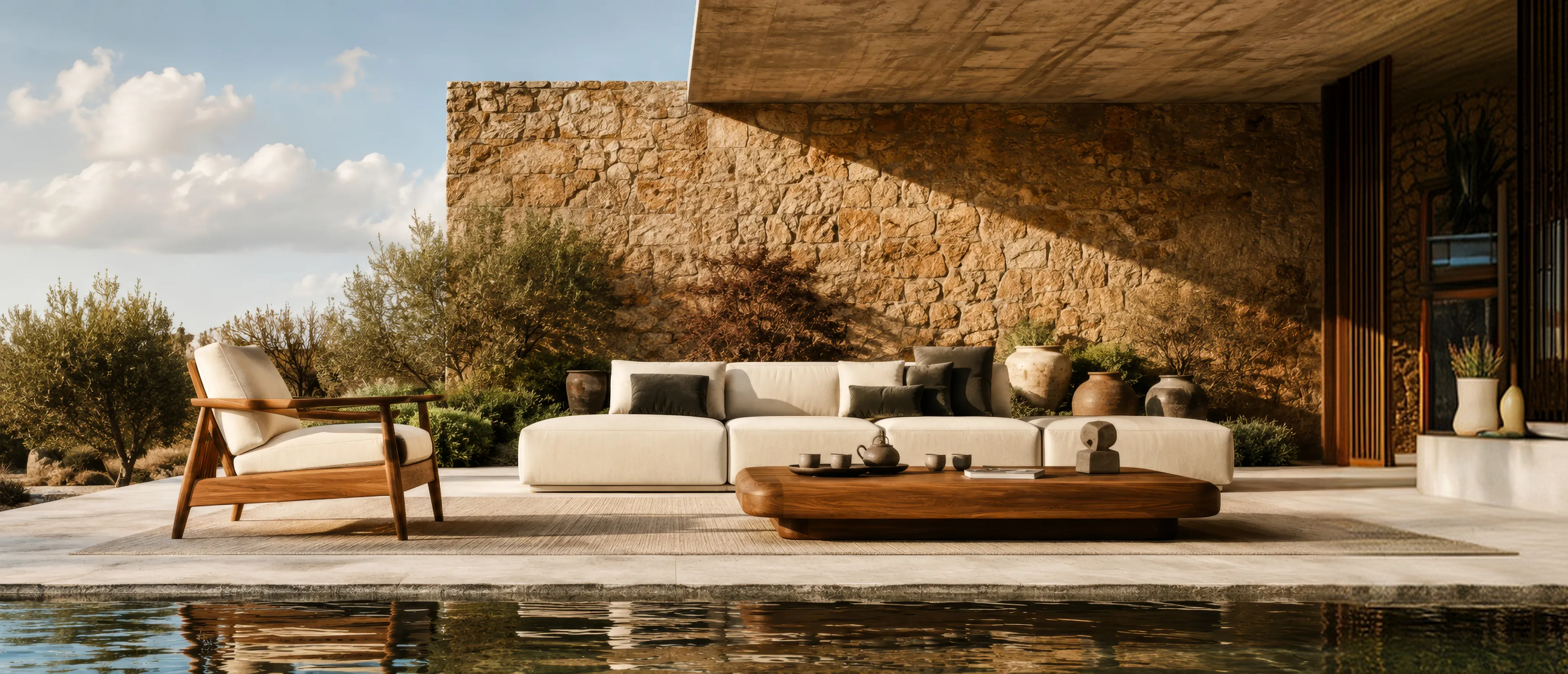 Outdoor lounge collection beside a reflecting pool and stone villa