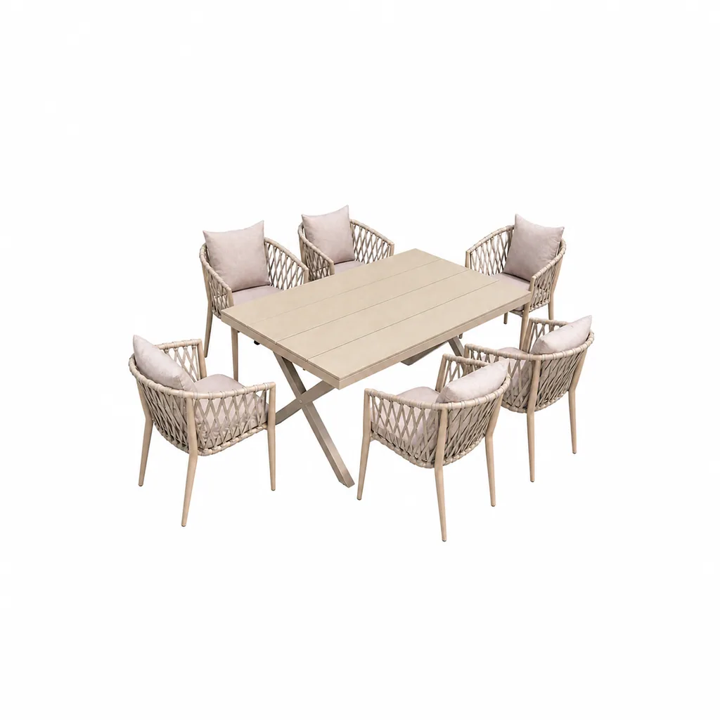 Outdoor Dining Set — Beige 02, front three-quarter product view