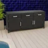 Outdoor Storage Cabinet — Black 02, shown in a styled outdoor setting