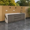Outdoor Sink Cabinet — Black 02, shown in a styled outdoor setting